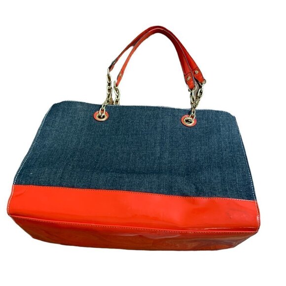 Anne Klein Mix Media Stripe/Denim/Leather Graphic Print Tote Handbag 250G - Picture 2 of 12